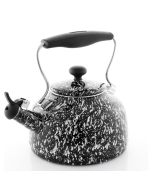 image shows Chantal 1.7Qt. Enamel-on-Steel Vintage Spatter Tea Kettle | White with Black Splatter against a blank, white background
