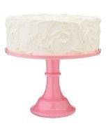 True Cakewalk Pink Melamine Cake Stand with a frosted cake on top