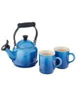 Le Creuset 1.25 Qt. Demi Kettle Tea Pot + 2 - 14oz Mugs Set | Marseille Blue