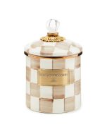 image shows MacKenzie-Childs Mocha Check 32oz Small Canister against a blank, white background