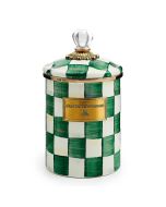image shows MacKenzie-Childs Emerald Check 1.5 Qt. Medium Canister against a blank, white background