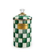 image shows MacKenzie-Childs Emerald Check 2 Qt. Large Canister against a blank, white background