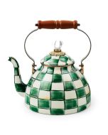 image shows MacKenzie-Childs Emerald Check 3 Qt. Tea Kettle against a blank, white background