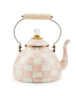 image shows MacKenzie-Childs Rosy Check 3 Qt. Tea Kettle against a blank, white background