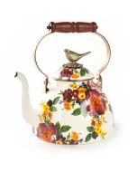 image shows MacKenzie-Childs White Flower Market 3 Quart Tea Kettle with Bird against a blank, white background