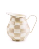 image shows MacKenzie-Childs Mocha Check 3 Qt. Pitcher against a blank, white background
