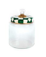 image shows MacKenzie-Childs Emerald Check 96oz Large Kitchen Canister against a blank, white background