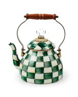 image shows MacKenzie-Childs Emerald Check 2 Qt. Tea Kettle against a blank, white background