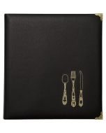 image shows C.R. Gibson Faux Leather Recipe Book with Tabbed Dividers and Sheet Protectors | Black and Gold against a blank, white background   