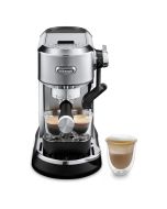 De'Longhi Dedica Maestro Plus Espresso Machine with Automatic Steam Wand against a white background with two espresso glasses on the glass stand and one aside. 
Each of the cups is filled with espresso.