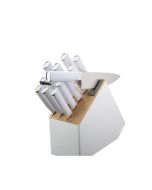image shows KitchenAid Classic 14-Piece Self-Sharpening Slim Knife Block Set | White Handles with Two-Tone White & Natural Block against a blank, white background