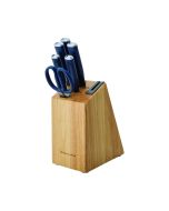 image shows KitchenAid Classic 7-Piece Self-Sharpening Knife Block Set | Ink Blue Handles with Natural Block against a blank, white background
