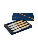 image shows Opinel Facette Steak Knife Set | Olive Wood package against a blank, white background  