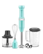 image shows KitchenAid Variable Speed Corded Hand Blender with Accessories | Aqua Sky against a blank, white background