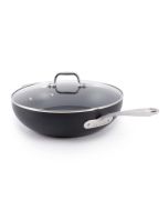 image shows All-Clad HA1 Expert Hard Anodized Nonstick 12" Chef's Pan with Lid against a blank, white background