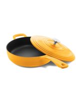 image shows Chantal 4Qt. Round Cast Iron Saute Skillet with Lid | Marigold against a blank, white background