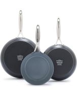 image shows GreenPan Valencia Pro Ceramic Nonstick Fry Pans Set | 3-Piece against a blank, white background