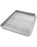image shows USA Pan Nonstick Half Sheet Pan & Cooling Rack Set against a blank, white background
