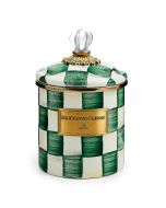 image shows MacKenzie-Childs Emerald Check 38oz Small Canister  against a blank, white background