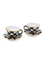 image shows MacKenzie-Childs Courtly Check Teacup Salt & Pepper Set against a blank, white background
