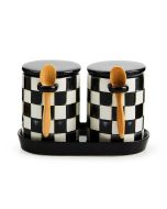 image shows MacKenzie-Childs Courtly Check 26oz Farmhouse Canister with Spoon | Set of 2 against a blank, white background