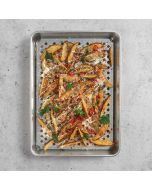 A tray filled with golden fries topped with melted cheese, served as a delicious snack or side dish.