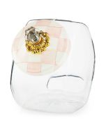 image shows MacKenzie-Childs Cookie Jar with Rosy Check Lid against a blank, white background