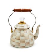 image shows MacKenzie-Childs Mocha Check 2 Qt. Tea Kettle against a blank, white background
