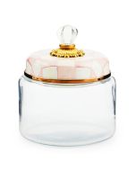 image shows MacKenzie-Childs Rosy Check 48oz Small Kitchen Canister against a blank, white background
