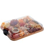 A tray filled with an assortment of colorful foods, including fruits, vegetables, and snacks, arranged neatly.