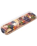 A wooden tray filled with assorted cheeses, mixed nuts, and fresh fruit, elegantly arranged for a snack or appetizer.