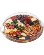 A wooden tray filled with assorted cheeses, fresh fruits, and mixed nuts arranged artfully for a gourmet presentation.