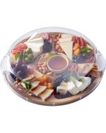 A wooden tray filled with assorted cheeses, fresh fruits, and mixed nuts arranged artfully for a gourmet presentation.