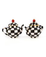 image shows MacKenzie-Childs Courtly Check Teapot Salt & Pepper Set against a blank, white background