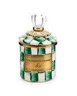 image shows MacKenzie-Childs Emerald Check 14oz Mini Canister against a blank, white background