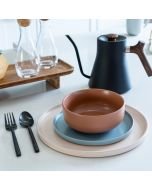 Everything Kitchens Modern Flat 12-Piece Dinnerware Set | Soft Pink, Dusty Blue, Terracotta

