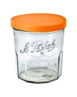 image shows Le Parfait 324ml French Jam Pot Faceted Drinking Glass with Orange Cover  against a blank, white background