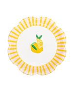 image shows My Mind's Eye 8-Piece 9" Scallops Paper Plates | Yellow & Pink Striped  against a blank, white background