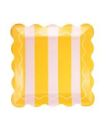 image shows My Mind's Eye 8-Piece 10" Scalloped Square Paper Plates | Yellow & Pink Striped against a blank, white background