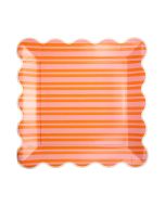 image shows My Mind's Eye 8-Piece 10" Paper Plates | Orange & Pink Striped  against a blank, white background
