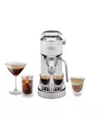 image shows De'Longhi Dedica Duo Espresso Machine with Cold Brew & Frothing Wand | White  against a blank, white background