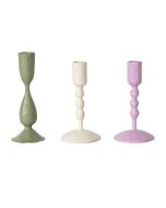 image shows Hazel Mazel Enameled Tapered Candle Stick Holders (Set of 3) | Sage, Ivory & Lilac against a blank, white background