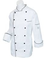 Mercer Renaissance Cutlery: Women's Chef Coat/Chef Jacket (White w/ Black Piping) w/ Traditional Neck for Food Industry Professionals (Commis, Sous Chef, or Chef de Cuisine) -- M62095WB
