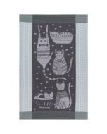 Danica Jubilee 18" x 28" Jacquard Dishtowel - Purr Party Cats features a greyscale illustration of cats sleuthing, snoozing, and sitting about. Dots, stripes, and chevrons line the border of the towel in a lighter shade of grey with white stitching. 
