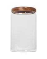 image shows Danica Heirloom Acacia Wood Medium Glass Jar | 32oz against a blank, white background