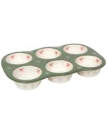 image shows Danica Heirloom Camellia Muffin Pan against a blank, white background  
