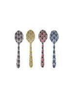image shows Hazel Mazel 5.25" Enameled Stainless Steel Spoons with Flower Pattern | Set of 4 against a blank, white background  
