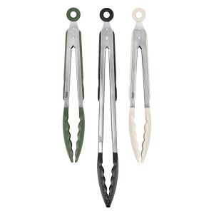 image shows Tovolo 3-Piece Elements Tongs With Silicone Grip | Oatmeal/Thyme/Black  against a blank, white background