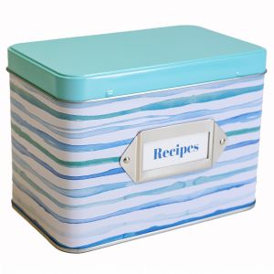 image shows C.R. Gibson Tin Recipe Box | Coastal against a blank, white background