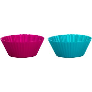 image shows Trudeau Silicone 12-Piece Standard Muffin Cups | Tropical & Fuchsia  against a blank, white background